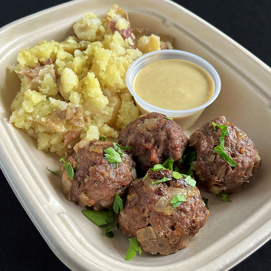 Bacon and Beef Meatballs with Garlic Smashed Potatoes (GF, DF)