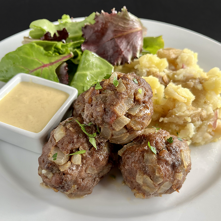 Bacon and Beef Meatballs with Garlic Smashed Potatoes (GF, DF, FW)