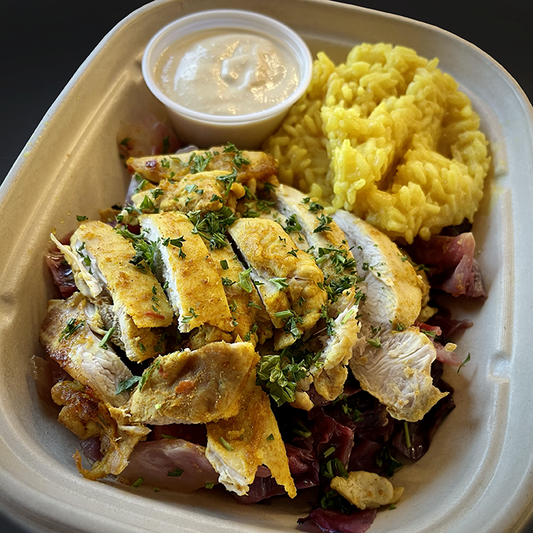 Chicken Shawarma with Saffron Basmati Rice, Red Cabbage and Tahini Sauce (GF, DF)