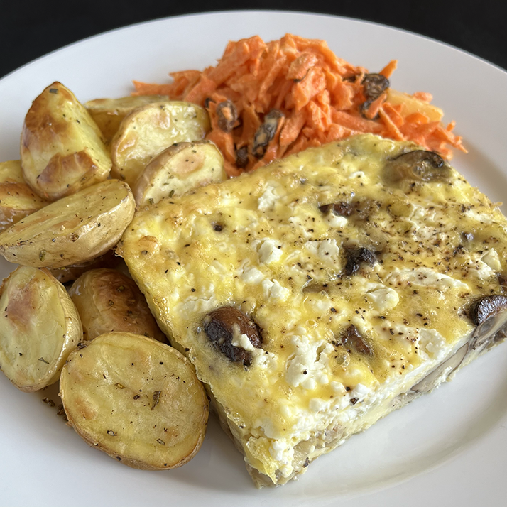 Caramelized Onion, Mushroom and Goat Cheese Frittata with Herb-Roasted Potatoes (GF, Veg)