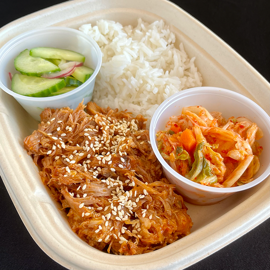 Korean Spicy Pork with Rice, Pickled Cucumbers and Kimchi (DF)