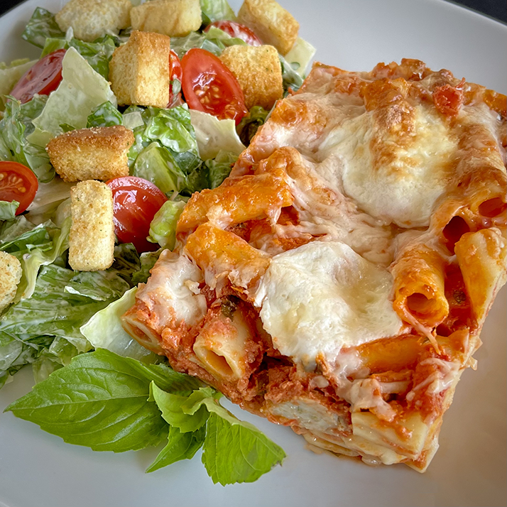 Baked Ziti with Chicken Sausage, Tomatoes and Mozzarella