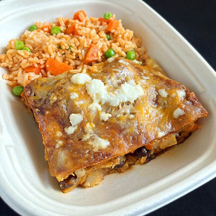 Black Bean and Goat Cheese Enchilada Bake with Mexican Rice (GF, Veg)