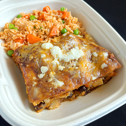 Black Bean and Goat Cheese Enchilada Bake with Mexican Rice (GF, Veg)