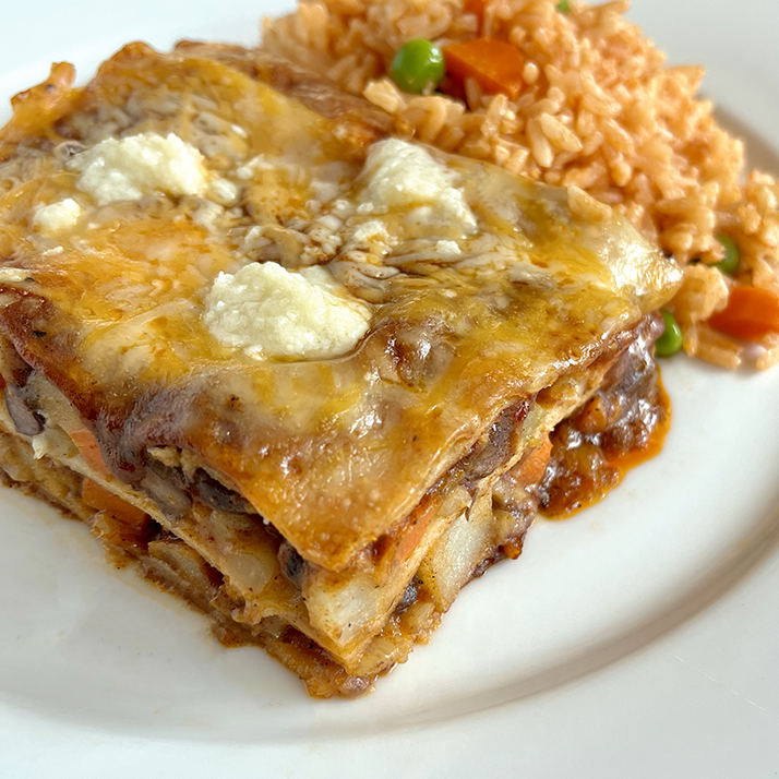 Black Bean and Goat Cheese Enchilada Bake with Mexican Rice (GF, Veg)