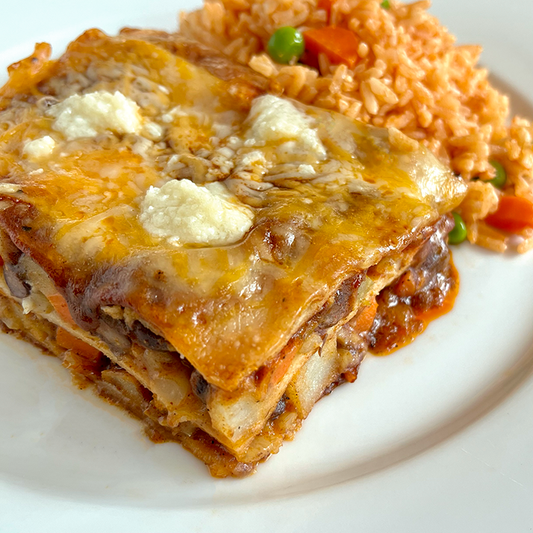 Black Bean and Goat Cheese Enchilada Bake with Mexican Rice (GF, Veg)