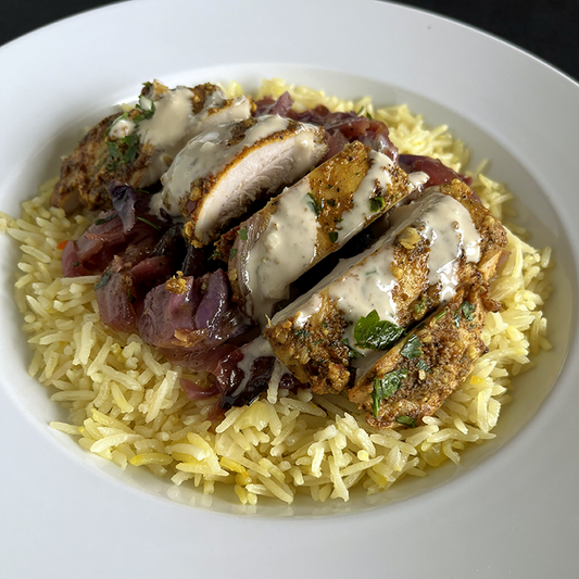 Chicken Shawarma with Saffron Basmati Rice, Red Cabbage and Tahini Sauce (GF, DF)
