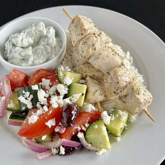 Chicken Souvlaki with Tzatziki Sauce and Greek Salad (GF)