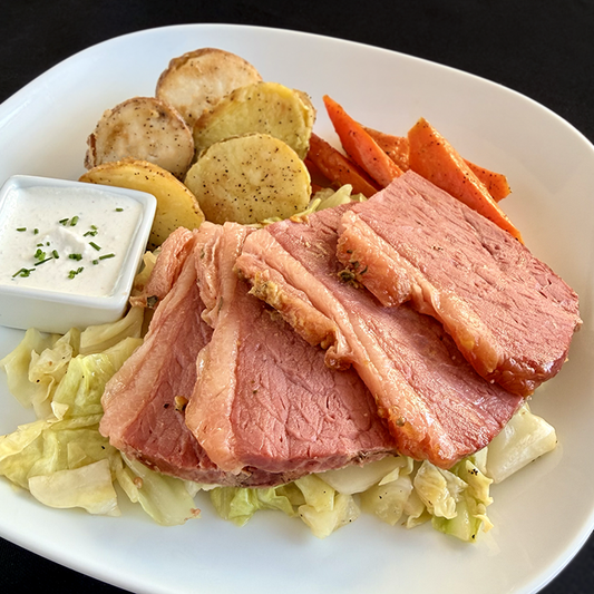 Corned Beef and Cabbage with Roasted Potatoes and Carrots (GF, DF).
