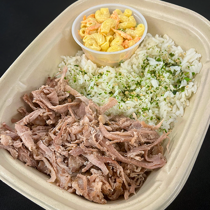 Kalua Pork Plate with Furikake Rice and Macaroni Salad