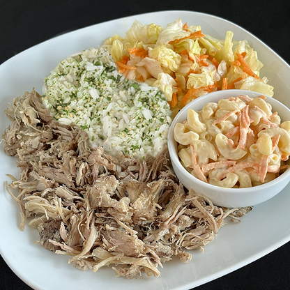 Kalua Pork Plate with Furikake Rice and Macaroni Salad