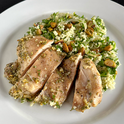 Mediterranean Herb-Marinated Chicken with Green Couscous and Pistachios (DF)