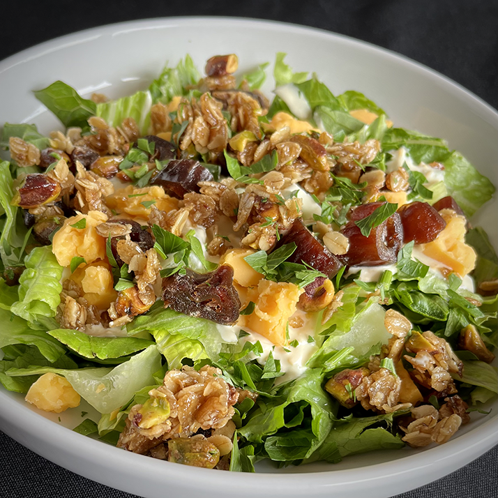 Romaine Salad with Cheddar Vinaigrette and Pistachio Granola  (GF, Veg)