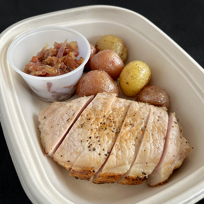 Pork Chops with Sweet Onion & Bacon Jam and Roasted Potatoes (GF, DF)