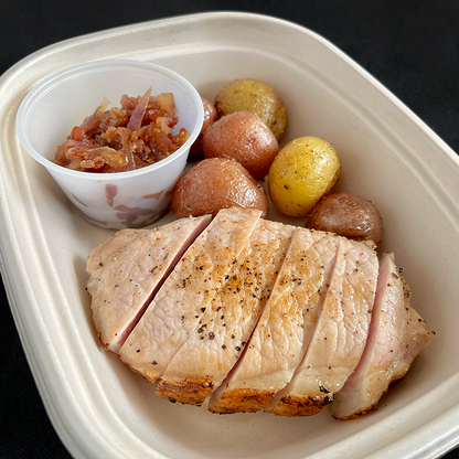 Pork Chops with Sweet Onion & Bacon Jam and Roasted Potatoes (GF, DF)