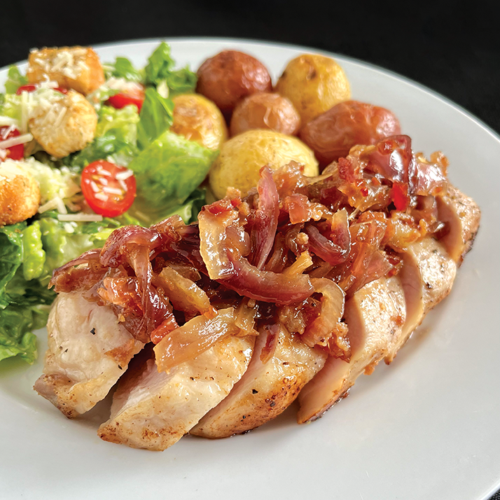 Pork Chops with Sweet Onion & Bacon Jam and Roasted Potatoes (GF, DF)