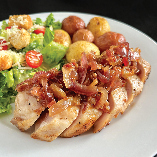 Pork Chops with Sweet Onion & Bacon Jam and Roasted Potatoes (GF, DF)