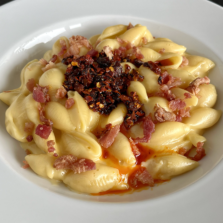 Shells and Cheese with (optional) Bacon and Chili Crisp