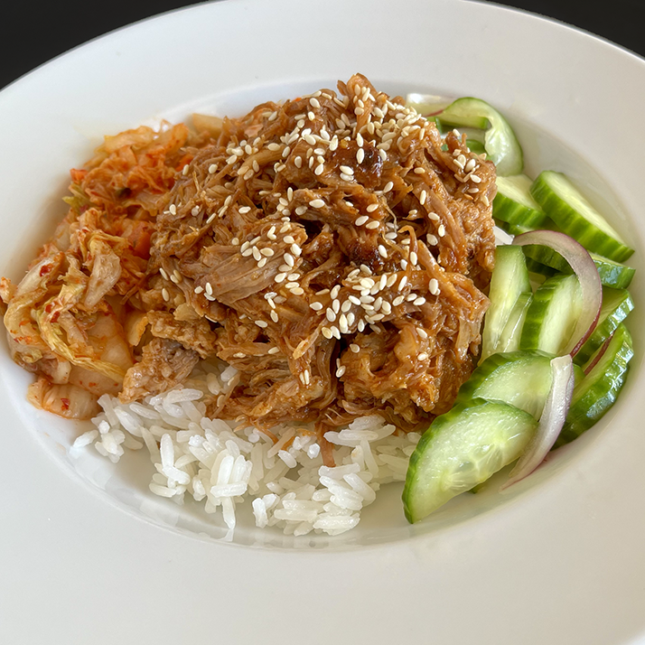 Korean Spicy Pork with Rice, Pickled Cucumbers and Kimchi (DF)